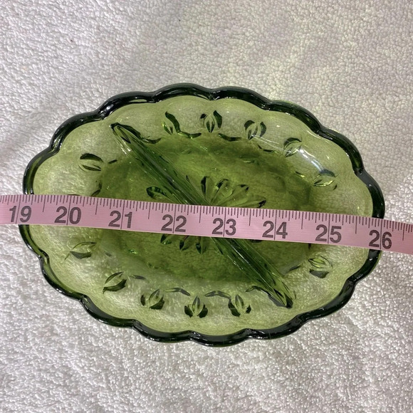 Vintage Indiana Avocado  Green Thumb Print Scalloped Edge Divided Relish Dish - Picture 14 of 14